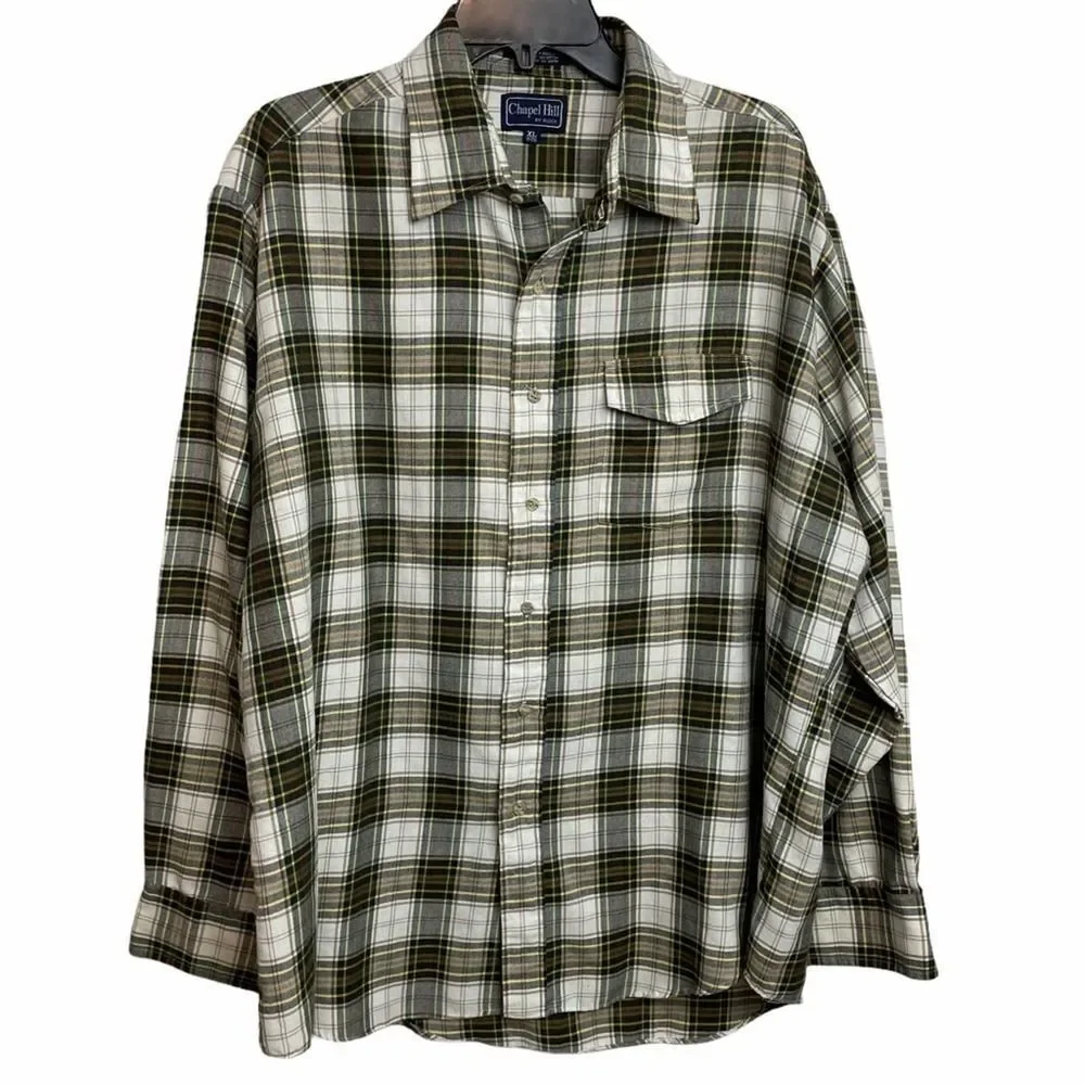 Chapel Hill Yellow White Green Plaid Cotton Blend Button Down Shirt size  XL